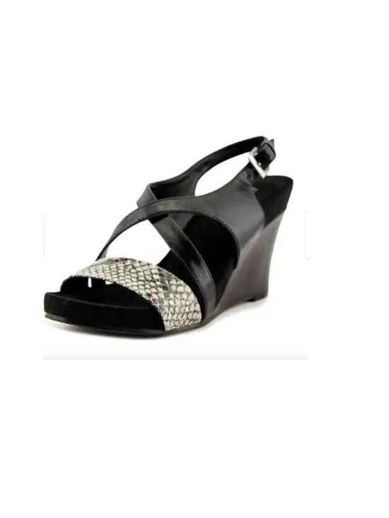 Aerosoles Plushed Together Open Toe Synthetic Black Snake Wedge Shoes Sz.8.5